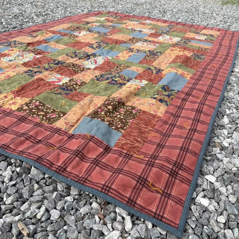Vintage Handmade Patchwork Quilt Earth Tones Country Cottagecore Cozy 56 x 80